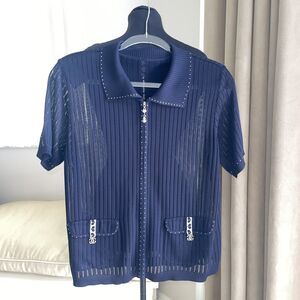 blue open knit rhinestone heart Jeweled Zip Up Cardigan Pockets M